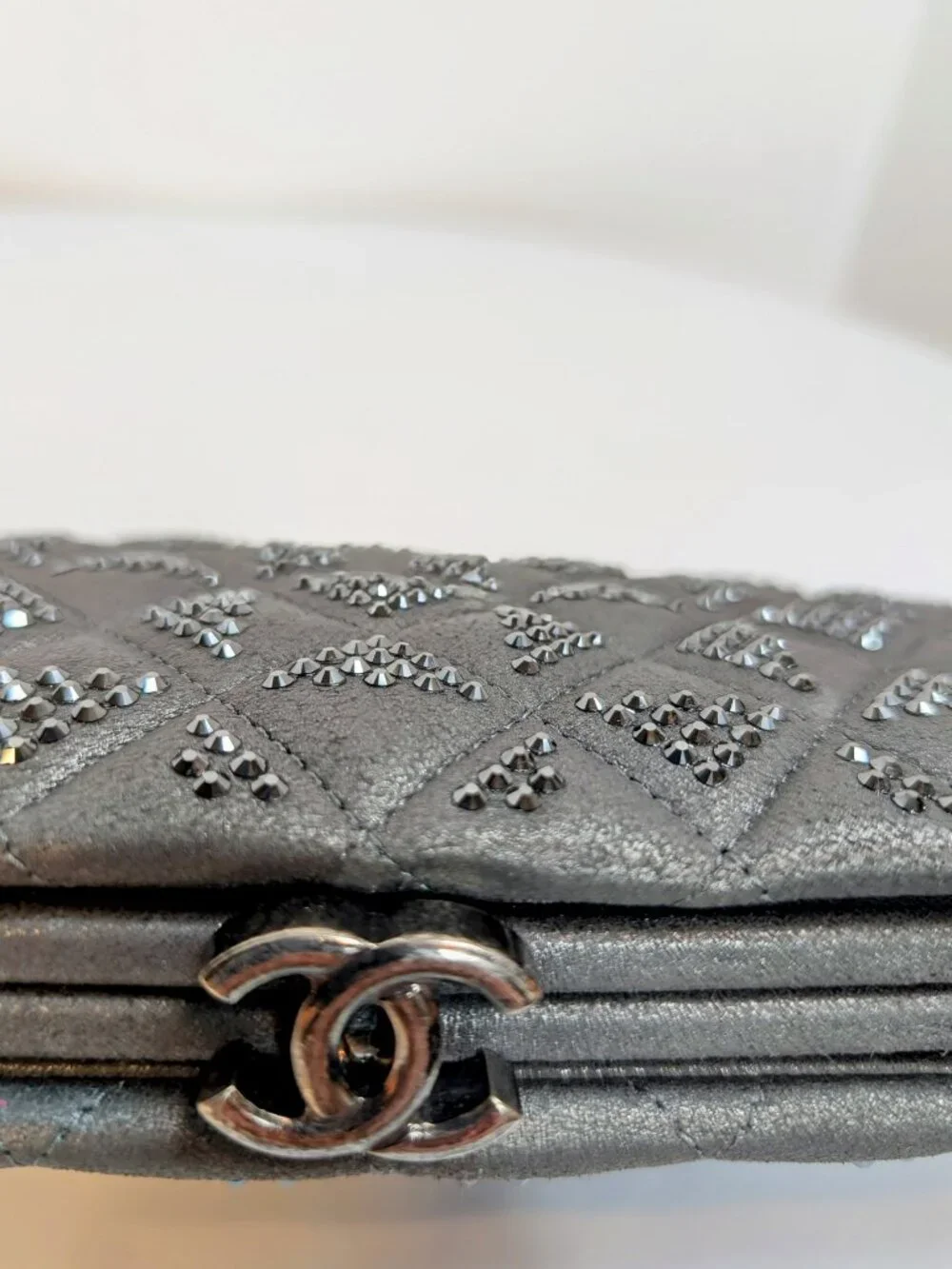 Chanel Timeless Grey Crystal-Studded Suede Diamond-Quilted Clutch